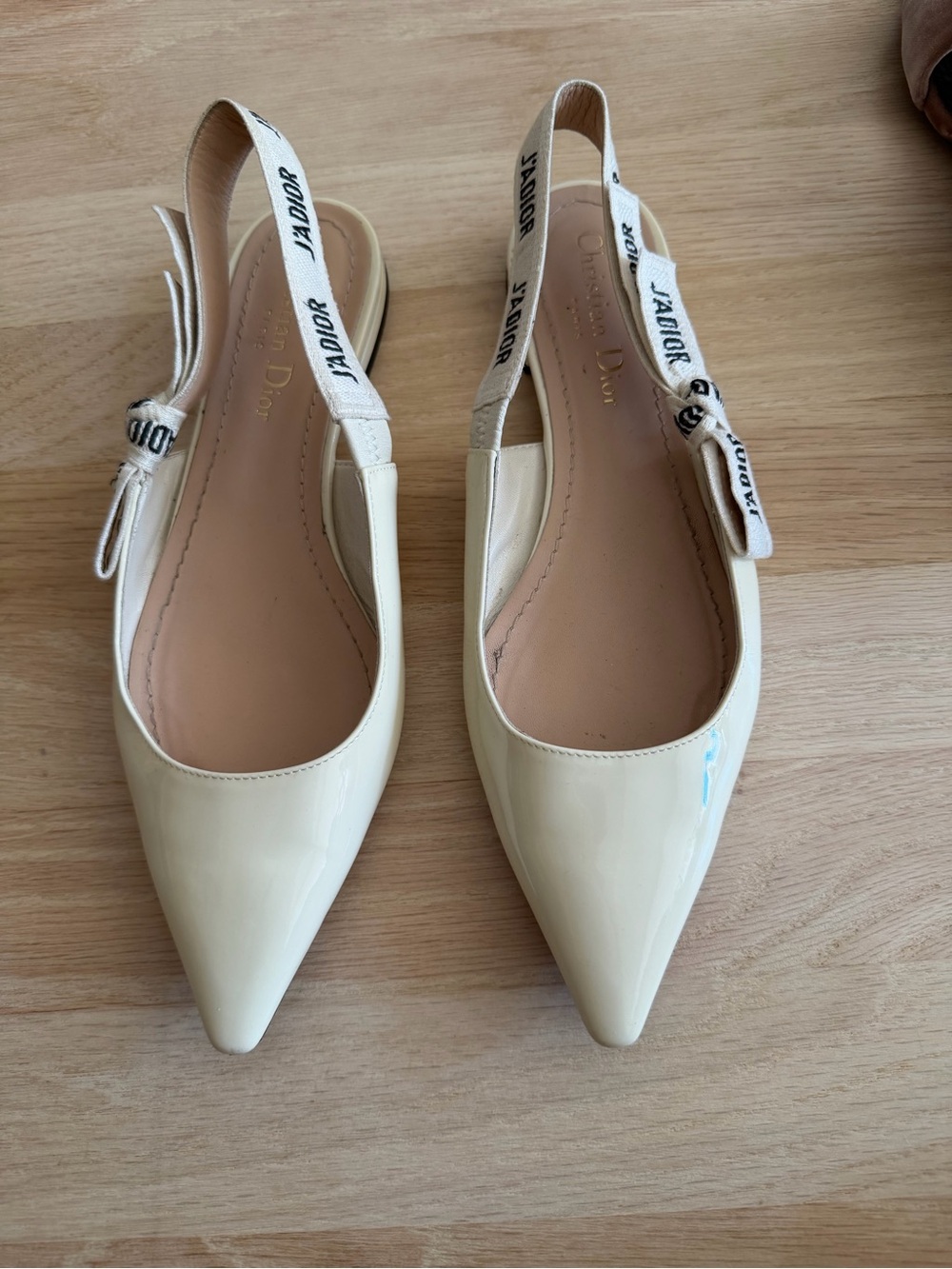 Dior Cream Patent Leather Pointed Slingback Flats with J'Adior Ribbon